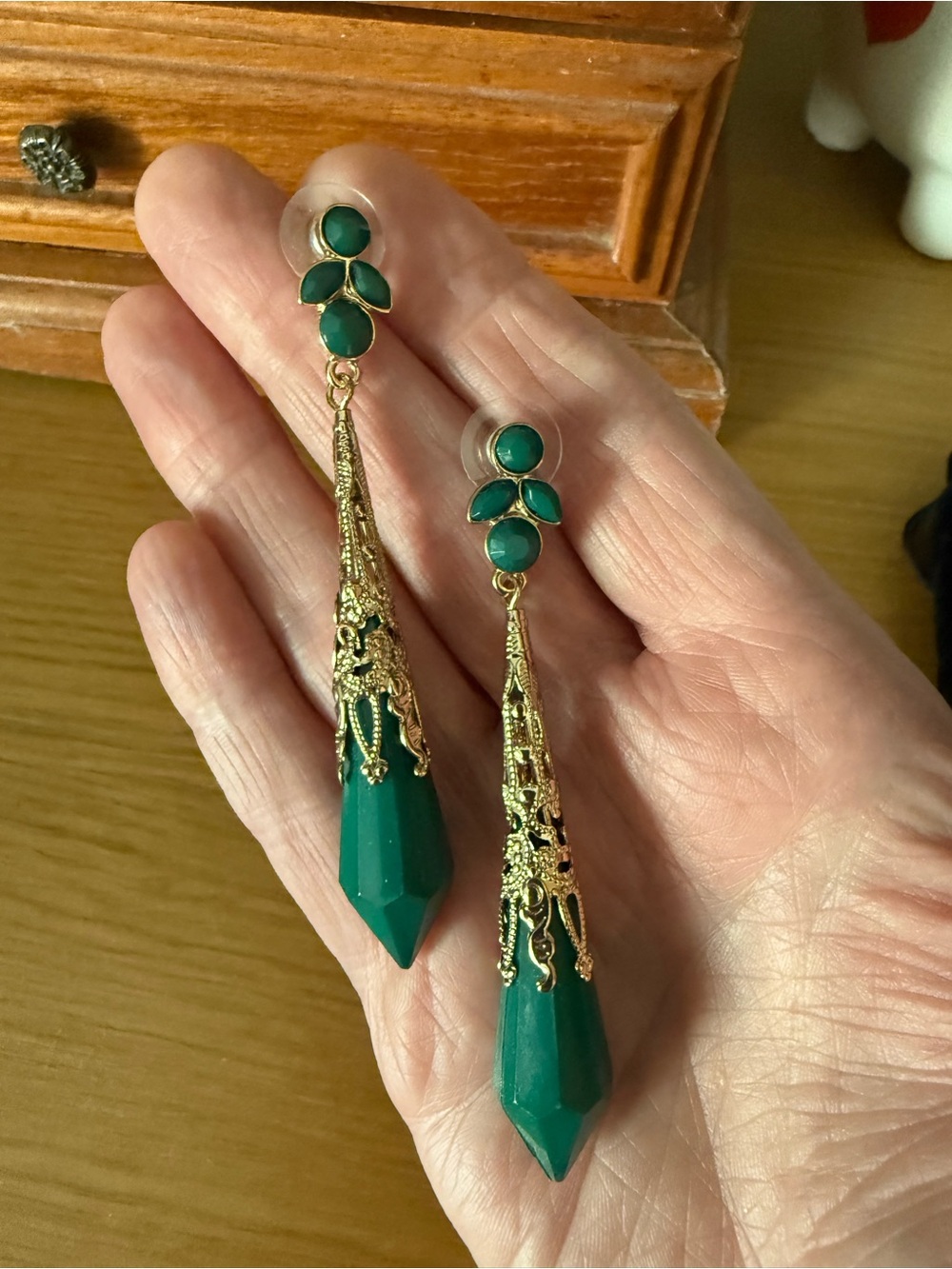 Gold and Emerald Green Drop Earrings - Women's Jewelry